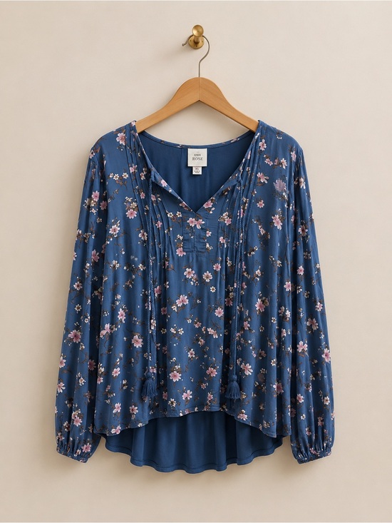 Knox Rose Tops - Knox Rose XL Blue Floral Boho Peasant Blouse Tassel Tie Long Sleeve